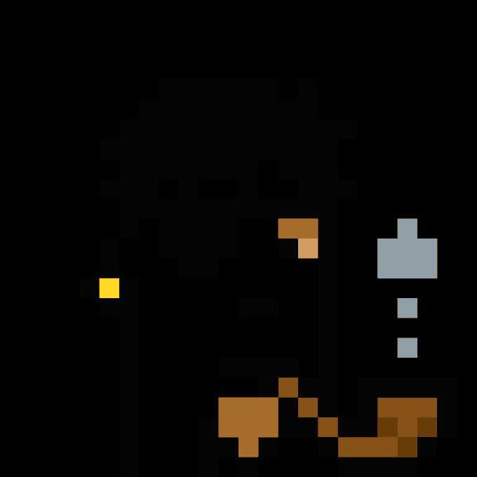 Dark pixel art image showing a character silhouette with a single yellow eye, brown lower portion, and light blue square details.