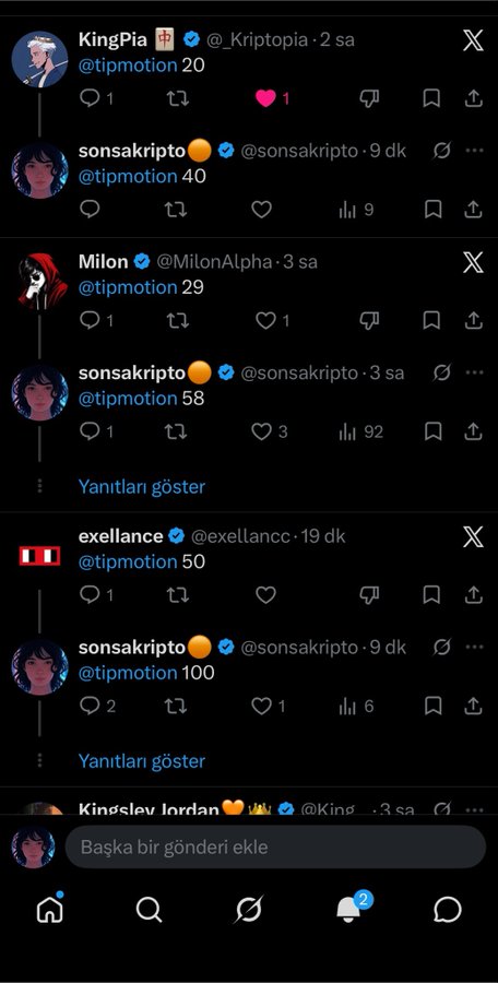 The same X social media feed view as Image 3, showing various users posting @tipmotion tips with amounts like 20, 40, 29, 58, 50, and 100.