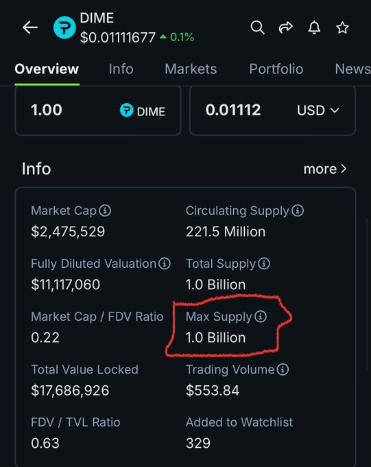 A cryptocurrency token page for DIME showing a price of $0.01111677, market cap of $2,475,529, with the Max Supply field of 1.0 Billion circled in red.