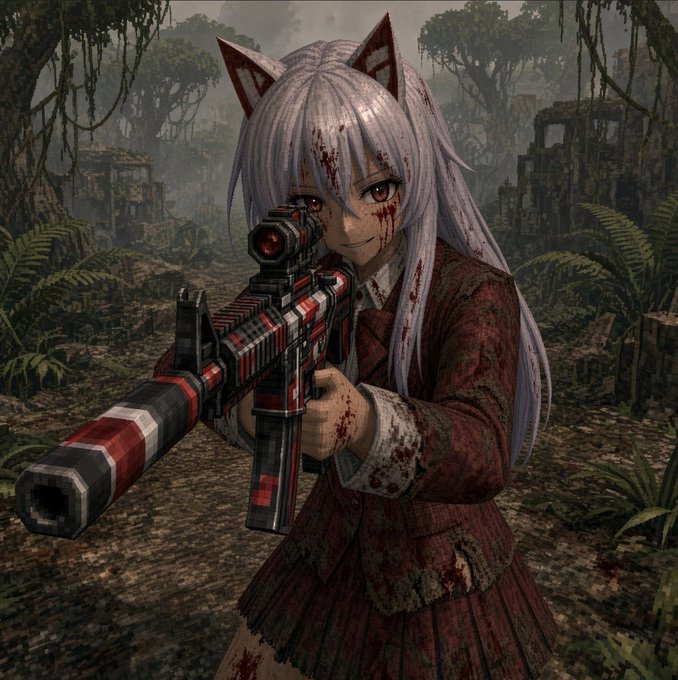 An anime-style character with white hair and animal ears, wearing a blood-stained red outfit, aims a red and black assault rifle with a suppressor in a jungle setting.
