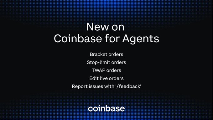 A Coinbase announcement graphic with a blue dotted background displays "New on Coinbase for Agents," listing new features: Bracket orders, Stop-limit orders, TWAP orders, Edit live orders, and Report issues with '/feedback', along with the Coinbase logo. The image visually summarizes the post's announcement of new order types (bracket, stop-limit, TWAP) and the ability to edit live orders for AI agents using the Coinbase platform.