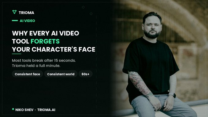 The image is a promotional graphic for Trioma, an AI video creation platform, featuring a bearded man in a black t-shirt and gray pants with tattooed arms seated on the right against a blurred industrial backdrop. Bold text on the left reads "WHY EVERY AI VIDEO TOOL FORGETS YOUR CHARACTER'S FACE," noting that "Most tools break after 15 seconds. Trioma held a full minute," with badges highlighting "Consistent face," "Consistent world," and "60s+," credited to Niko Shev at Trioma.ai. The graphic visually supports the post's critique of AI video tools struggling beyond 15 seconds, positioning Trioma as a solution capable of maintaining character consistency for 60+ seconds.