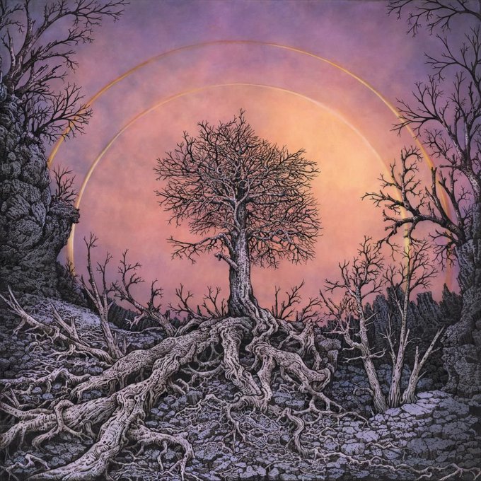 A barren, leafless tree with sprawling exposed roots stands at the center of a desolate landscape, framed by skeletal branches and silhouetted against a dramatic purple and orange sky featuring concentric halo-like rings. The artwork's ethereal, otherworldly atmosphere visually echoes the piece's title "HALO," with the radiant circular light formations serving as the focal point above the haunting natural scene.
