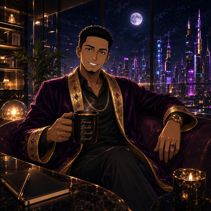 Anime-style illustration of a smiling man in a purple and gold robe holding a mug that reads 'Focus Build Elevate Repeat', set against a nighttime city skyline with a full moon.