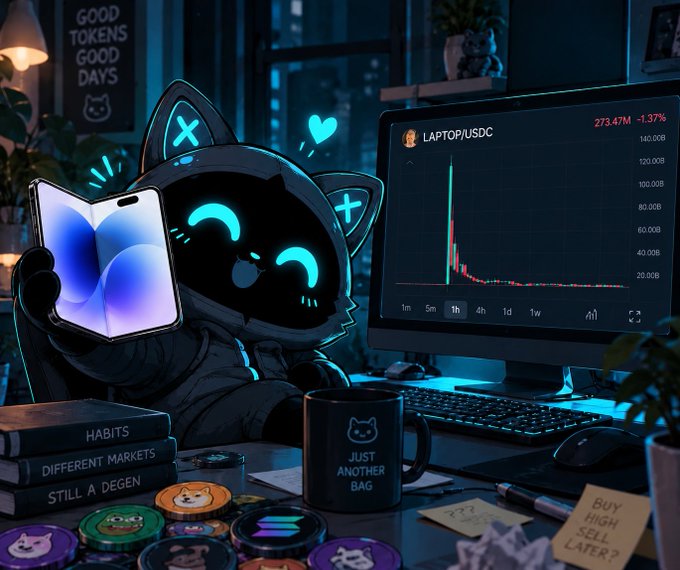 A digital illustration of a glowing-eyed character in a cat hoodie holding a smartphone in a dark room, with a trading chart for 'LAPTOP/USDC' showing a 1.37% decline visible on a computer monitor.