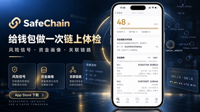 The image is a promotional advertisement for SafeChain, a blockchain analysis app, featuring a smartphone display showing a risk score of "48 中" (medium risk) along with detailed wallet address funding sources, transaction amounts in USDT and TRX (e.g., 54564760.810014 TRX, 54876587.168466 USDT), and fund flow paths involving exchanges like Binance and OKX. The accompanying post directly relates to the ad by highlighting SafeChain's core value proposition—visualizing fund origins, destinations, and associated risk signals for unfamiliar crypto addresses—mirroring the app's displayed features like "资金画像" (fund profile) and "关联链路" (association chain) shown in the dark blue tech-styled banner.