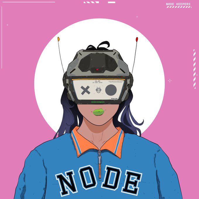 A stylized illustration by 'Node Keepers' depicts a person wearing a futuristic VR headset with antennas, green lips, and a blue jacket with an orange collar, with 'NODE' written across the chest.