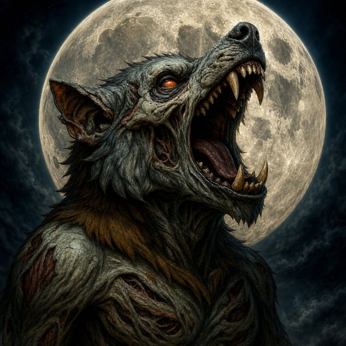 A dramatic illustration of a snarling werewolf with glowing orange eyes and bared fangs, howling against a full moon.