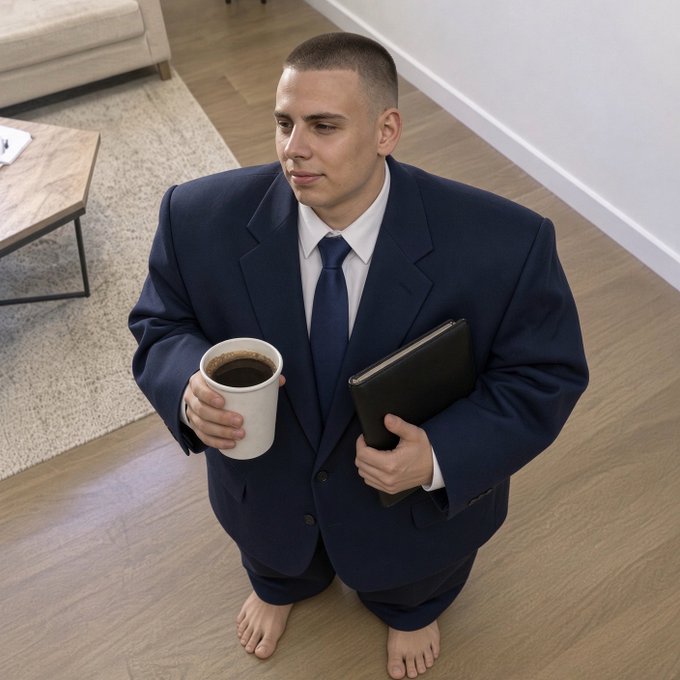 A barefoot man in an oversized navy blue suit with a white shirt and blue tie stands on a wooden floor holding a white cup of coffee and a black laptop, with a light-colored couch and rug visible in the background.
