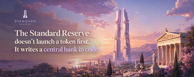 A fantasy landscape showing classical ruins alongside futuristic skyscrapers under a sunset sky, overlaid with text: 'STANDARD RESERVE' and 'The Standard Reserve doesn't launch a token first. It writes a central bank in code.'