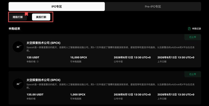 A cryptocurrency exchange interface showing the 'IPO专区' (IPO Zone) tab with two subscription options for '太空探索技术公司 (SPCX)' at '135 USDT' with subscription amounts of '15,000 SPCX' and '1,000 SPCX' dated '2026年06月12日'.