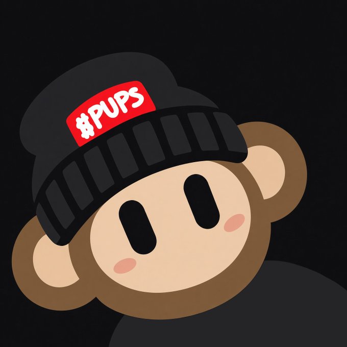 Cartoon monkey wearing a black beanie with a red "#PUPS" sticker on it.