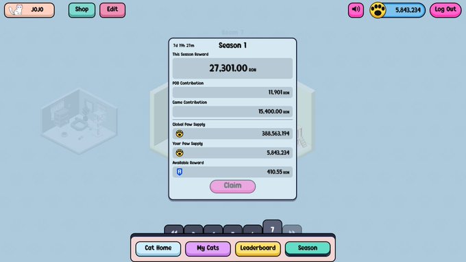 A screenshot of a game's Season 1 reward screen showing a 'This Season Reward' of 27,301.00 IDM, with PID contribution of 11,901 IDM, Game Contribution of 15,400.00 IDM, Global Paw Supply of 388,563,194, Your Paw Supply of 5,843,234, and an Available Reward of 410.55 IDM, with a 'Claim' button visible.