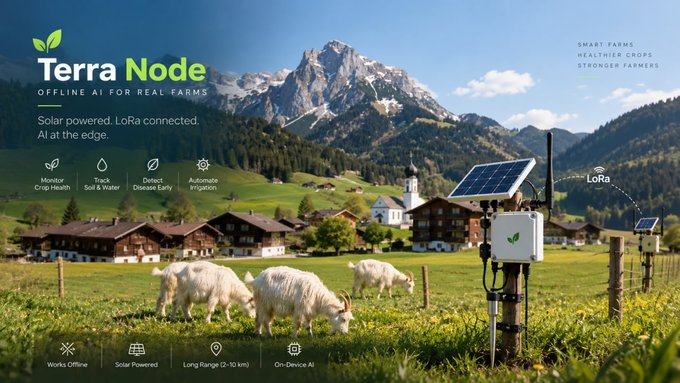 The image is a promotional graphic for "Terra Node," featuring a solar-powered LoRa-connected field sensor monitoring crops with goats grazing in an alpine village setting, with the tagline "Offline AI for Real Farms" and key features listed: Monitor Crop Health, Track Soil & Water, Detect Disease Early, Automate Irrigation, Works Offline, Solar Powered, Long Range (2-10 km), and On-Device AI.