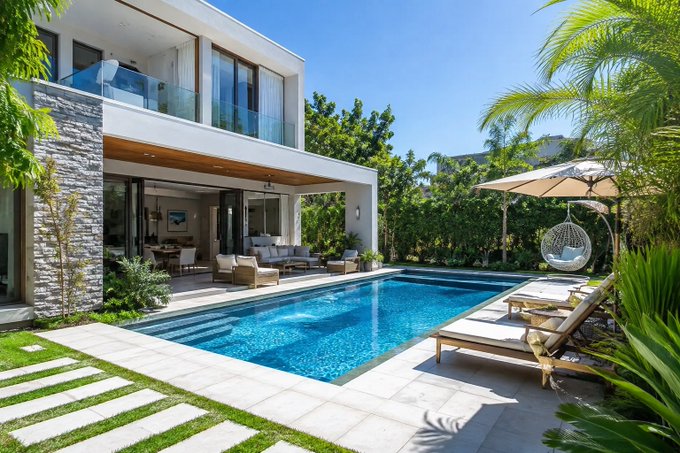 A luxurious modern home featuring a sleek rectangular pool, lounge chairs, and a hanging egg chair on the patio, surrounded by lush tropical greenery. The image perfectly captures the dream of having a private backyard poolside retreat, aligning with the post's contemplation of adding a pool as a "luxury" to a future home for relaxing, BBQing, and enjoying drinks.