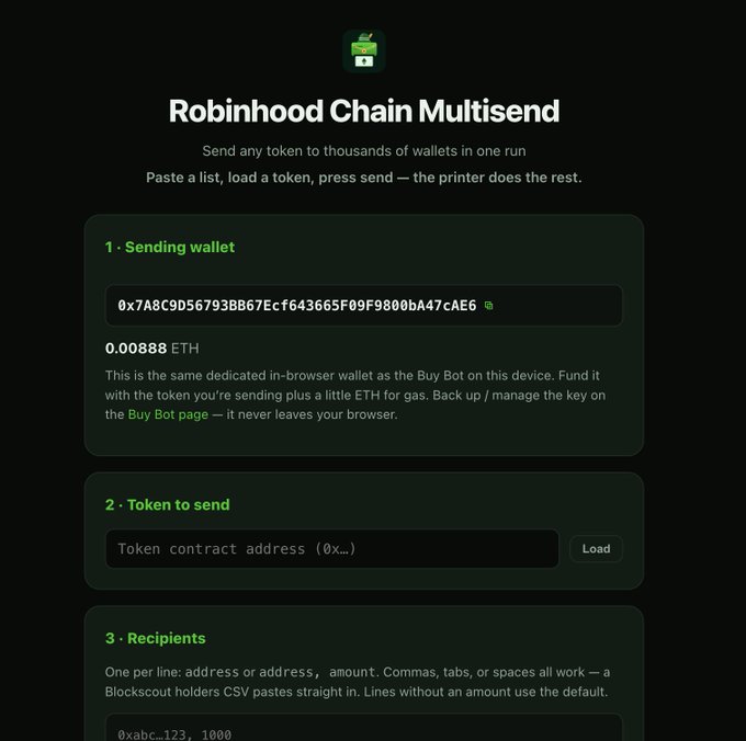 Screenshot of the "Robinhood Chain Multisend" tool showing a dark-themed interface with a wallet address (0x7A8C9D56793BB67Ecf643665F09F9800bA47cAE6) holding 0.00888 ETH, fields to input a token contract address, and a recipients section formatted to accept addresses and amounts per line.