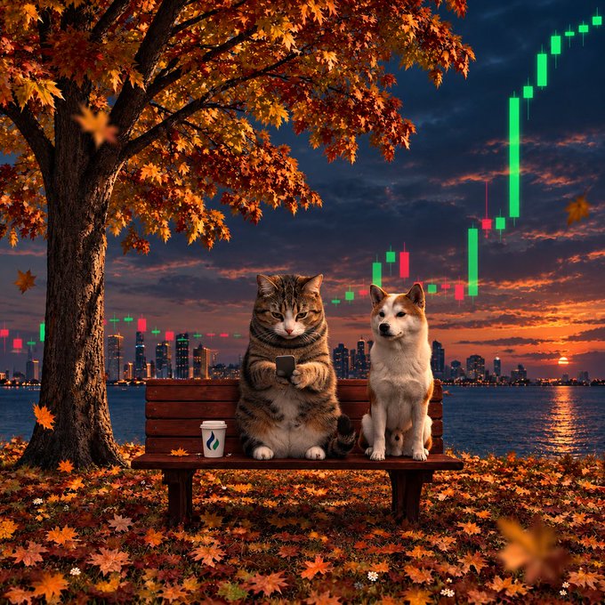 A tabby cat and a Shiba Inu sit on a park bench beneath an autumn tree, with the cat holding a smartphone and a coffee cup beside them, while a green candlestick stock chart soars across the sky above a sunset cityscape—visually echoing the post's bullish autumn sentiment.