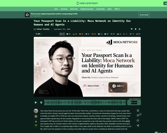 A Hackernoon article page titled 'Your Passport Scan Is a Liability: Moca Network on Identity for Humans and AI Agents' by Ishan Pandey, featuring an interview with Cham Ho of Moca Network.
