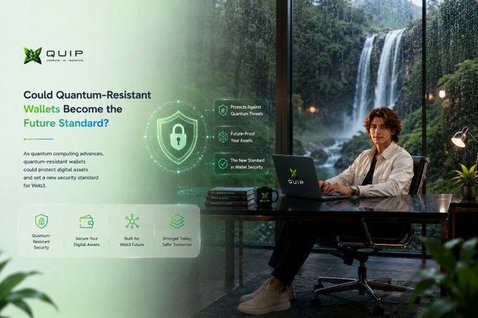 The image features a man sitting at a desk with his laptop open, possibly working or browsing the internet. The background of the image shows a waterfall and trees, creating an outdoor setting. There are also some books placed nearby, suggesting that the man might be studying or researching something related to quantum computing or cryptocurrency.