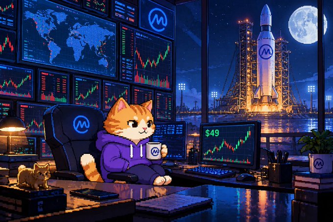 An illustrated scene of an orange cat wearing a purple hoodie sitting at a desk with multiple monitors displaying trading charts, with a rocket ship and moon visible through the window behind.