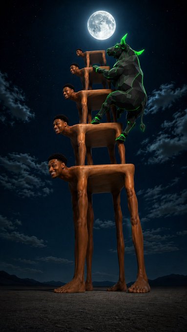 A towering totem of human figures stacked like a staircase against a full moon is being climbed by a glowing green bull, embodying the phrase "brick by brick" as each body serves as a stepping stone in its relentless ascent.