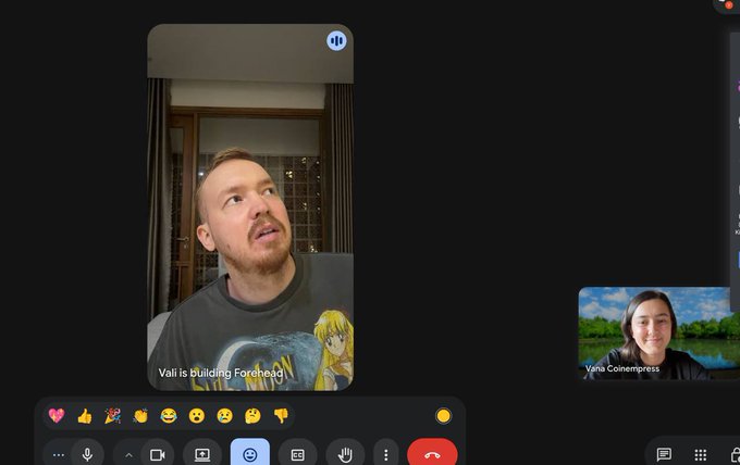 A Google Meet video call features Vali (Validot), labeled as "building Foroneon," speaking with Vana Coinempress, capturing a lengthy discussion between the two content creators.