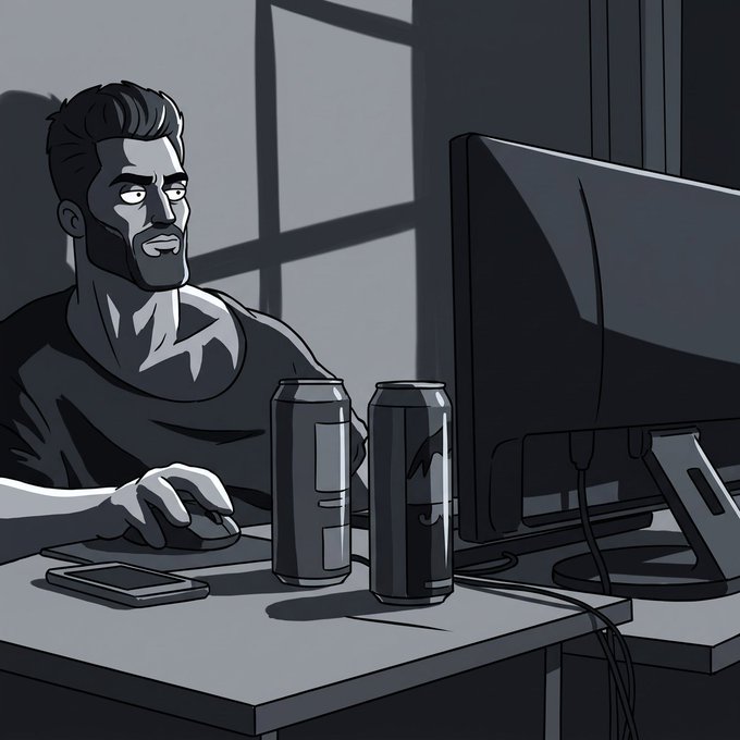 A grayscale digital illustration of a bearded man intensely focused on a computer monitor with two energy drink cans and a smartphone on the desk beside him.