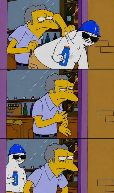 This Simpsons meme shows Moe throwing a customer out of his bar while another white, sunglasses-wearing figure wearing a blue cap and holding a bottle labeled "Natty" waits outside. The caption "unc never leaves" humorously suggests the bespectacled character with the blue cap is a perpetually present "uncle" who keeps returning despite being kicked out, likely referencing how Natty Light (a cheap beer brand) is a classic, always-present staple.