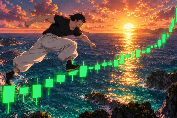 Anime-style artwork of a muscular character leaping across ocean waves at sunset, stepping on a series of green bullish candlesticks representing a rising price chart.