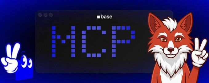 The image features a cartoon fox with white fur, giving it a friendly appearance as it poses next to a computer monitor displaying the words "MCP" written in blue letters. The fox appears to be waving at the viewer while holding up two peace signs. In the background of the image, there is a computer screen showing a website called "base", which might be related to the fox's position or the content displayed on it.