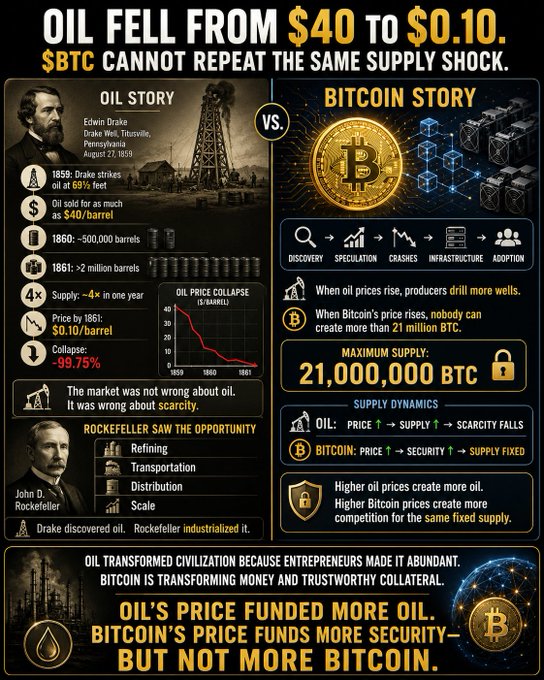The image compares the 1859-1861 oil supply shock (where oil fell from $40 to $0.10/barrel, -99.75%) with Bitcoin, emphasizing Bitcoin's fixed maximum supply of 21 million BTC, and concludes that "Oil's price funded more oil. Bitcoin's price funds more security—but not more Bitcoin," supporting the post's message that more security drives Bitcoin's inevitability.