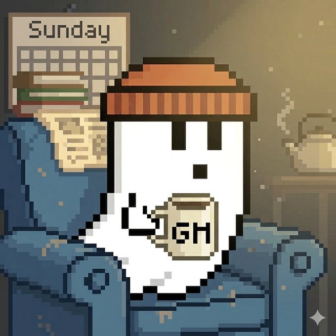 A pixel-art ghost wearing a beanie sits in a blue armchair, holding a mug labeled "GH" while a calendar in the background displays "Sunday." The cozy, late-night atmosphere reflects the sentiment of working through the weekend in the crypto markets.