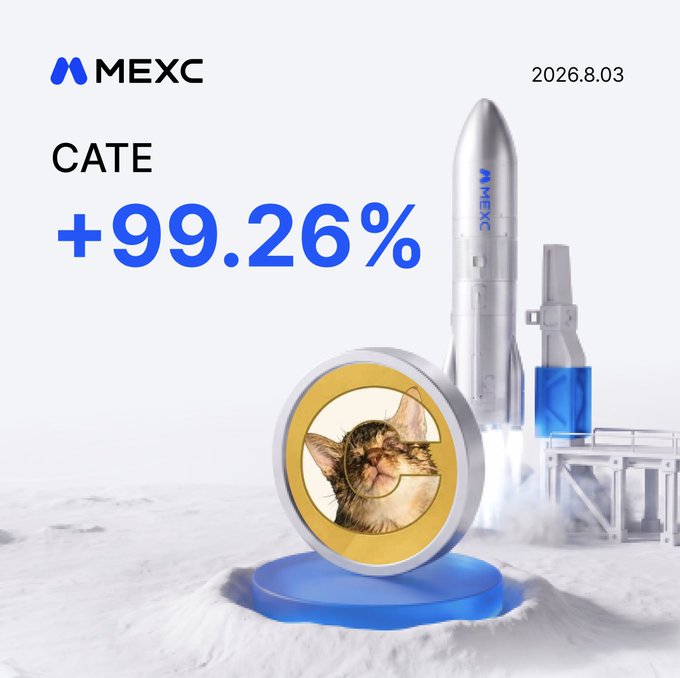 A promotional MEXC Futures graphic dated 2026.8.03 highlights the $CATE token's +99.26% surge with a rocket launch visual and a cat-meme coin emblem, matching the post's call to trade CATE on MEXC.