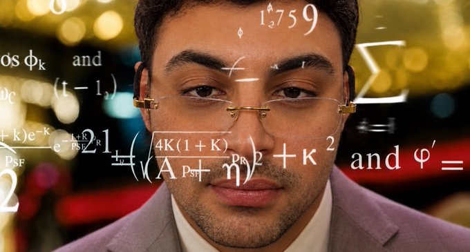 A man in a suit and glasses stares pensively at the viewer, with complex mathematical formulas overlaid across the image—including terms like "1.3759," "φ_k," "K," and "PsF"—suggesting the overwhelming complexity of technical analysis applied to memecoins.