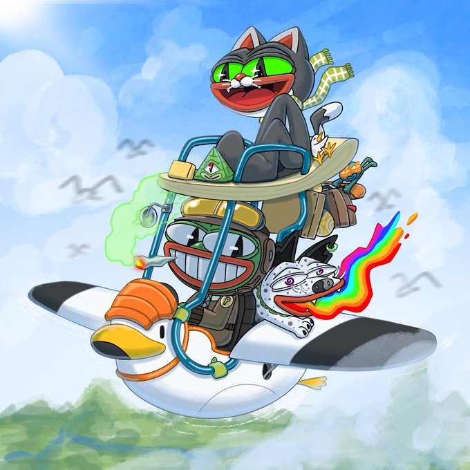 A cartoon illustration of a black cat, a dalmatian dog, and a duck wearing goggles and aviator gear while flying a propeller plane that shoots a rainbow.