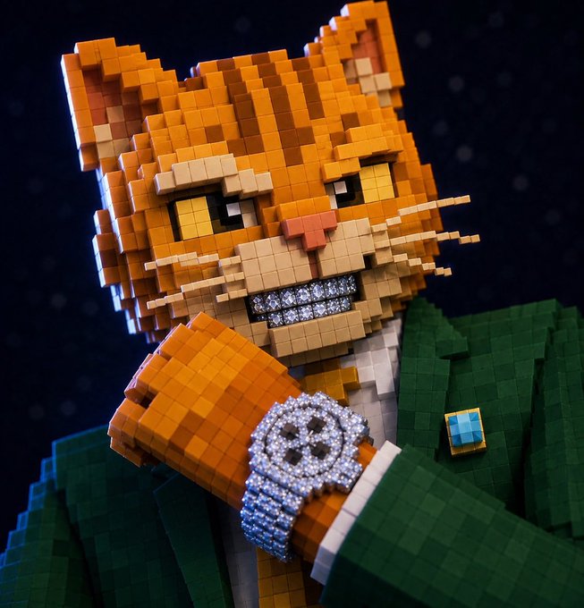 A voxel-style orange cat with a diamond-encrusted grill, matching watch, and green suit flexes its wrist, fitting a lavish "NFT" aesthetic that complements the post's tongue-in-cheek "$FINNY collection" joke.