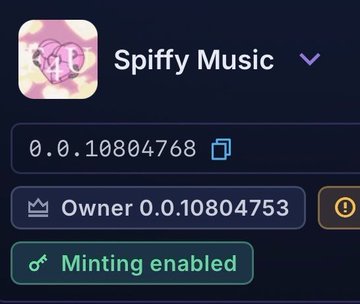 A digital trading card or NFT detail page for 'Spiffy Music' showing a value of 0.10804768, an owner field with 0.10804753, and a 'Minting enabled' status.