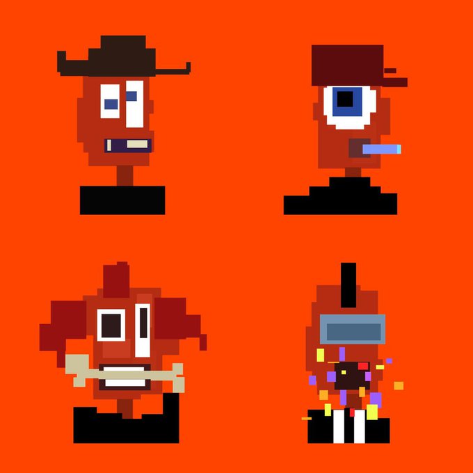 Four pixel-art character portraits on an orange background: a cowboy with a brown hat, a baseball-capped figure with a single large eye, a clown-like character with wild red hair, and a robotic figure with glowing pixels spilling from its mouth, illustrating the quirky "Bludnooks" creatures mentioned in the post about Bafoontown.