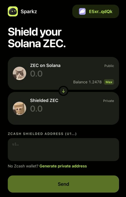 Screenshot of the Sparkz app showing a user wallet with 1.2478 ZEC on Solana balance, a public address (E5xr..qdQk), and an option to generate a shielded Zcash private address.