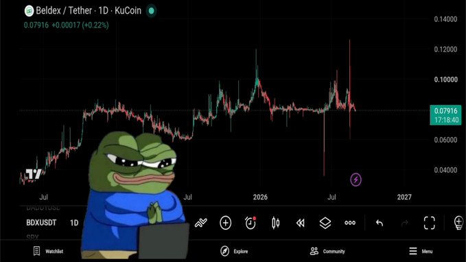 A KuCoin trading chart for 'Beldex / Tether' (BDXUSDT) showing price action over time, overlaid with a cartoon image of a smug-looking Pepe the Frog using a laptop.