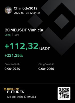 A Binance Futures trading screenshot showing 'BOMEUSDT' with a profit of '+112,32 USDT' and '+221,25%' by user Charlotte3012.