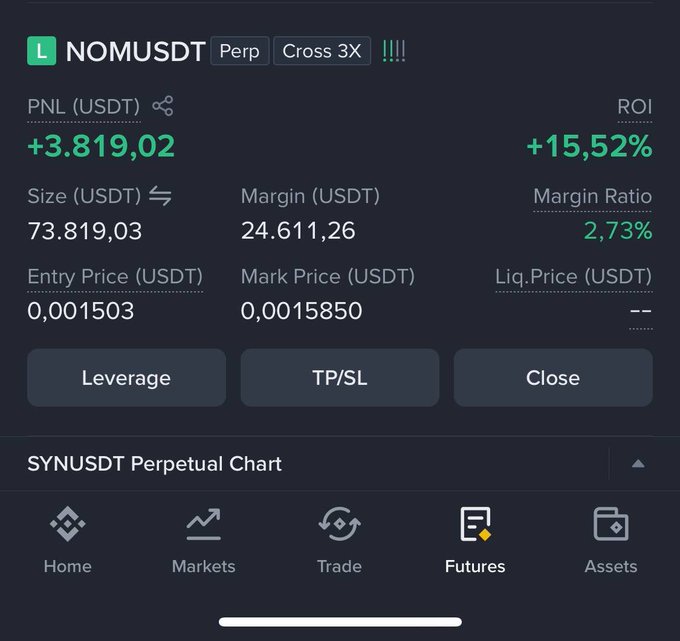 A cryptocurrency trading screen displays a NOMUSDT perpetual position with a +15.52% ROI and a +3,819.02 PNL in USDT.