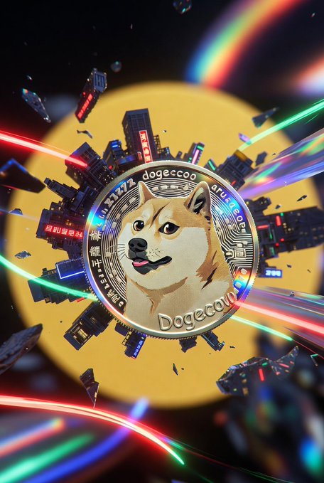 A 3D-rendered image of a Dogecoin-style coin featuring a Shiba Inu dog with the text 'Dogecooo' and 'WOW!!!' around its edge, set against a futuristic neon cityscape with Japanese signage and colorful light trails.