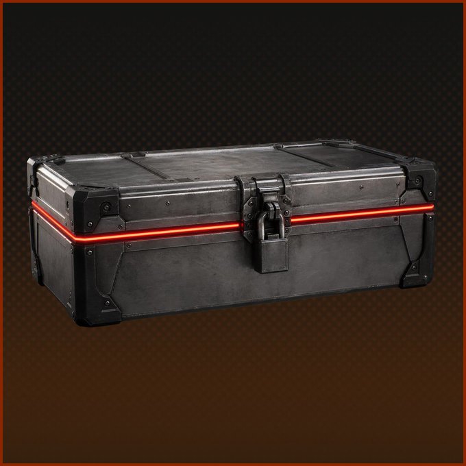 A 3D render of a metallic gray loot crate/storage box with a red glowing horizontal stripe and padlock, set against a dark gradient background.