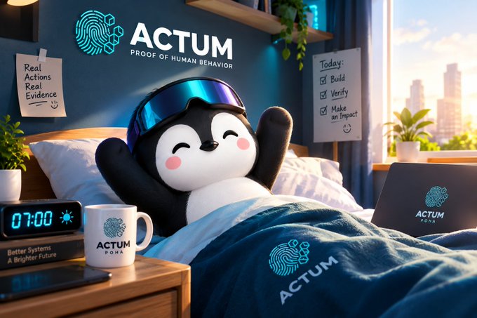 A 3D-rendered advertisement for "ACTUM" ("PROOF OF HUMAN BEHAVIOR") shows a cute penguin character wearing ski goggles waking up in a bed, surrounded by branded merchandise, sticky notes saying "Real Actions Real Evidence" and "Today: Build, Verify, Make an Impact", and a digital clock reading 07:00.