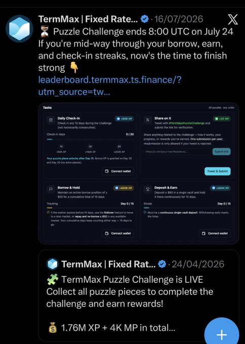 Two screenshots of tweets from "TermMax | Fixed Rate…" about a Puzzle Challenge ending 8:00 UTC on July 24, promoting a leaderboard at termmax.ts.finance.