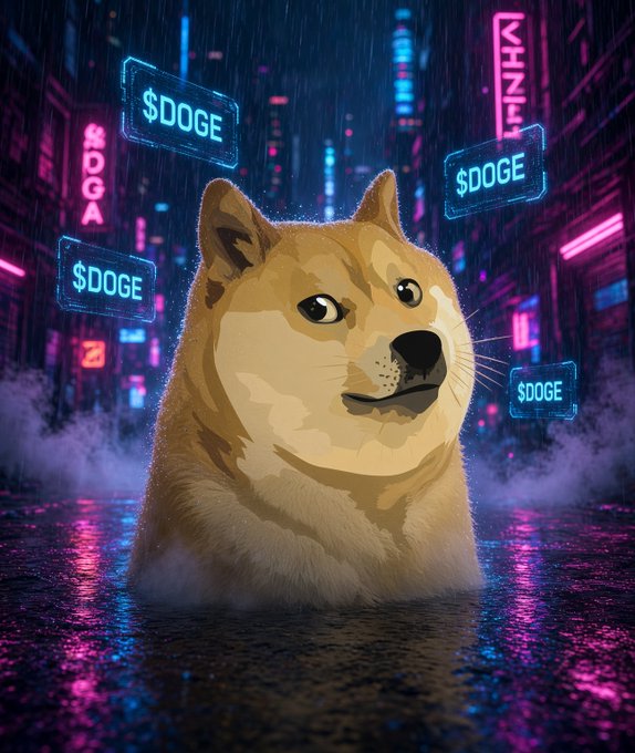 A Shiba Inu (the iconic $DOGE mascot) sits partially submerged in puddles on a neon-lit, rain-soaked cyberpunk city street, surrounded by floating blue "$DOGE" holographic signs, with the wet atmosphere and purple glow visually echoing the caption's "wet and green" vibe and its bullish $DOGE sentiment.