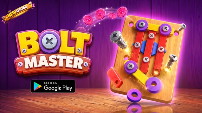 Promotional graphic for the mobile game 'Bolt Master' on Google Play, featuring colorful screws and bolts on a wooden board with a 'NEW GAME' banner.