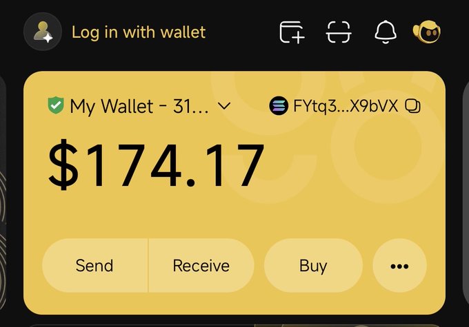 The image shows a cryptocurrency wallet interface displaying a balance of $174.17 in "My Wallet - 31..." with the address FYtq3...X9bvX, featuring Send, Receive, and Buy options. This relates to the post by showing the wallet where the user successfully received their USDC funds.