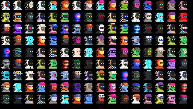 A grid of 100 colorful pixel-art characters with hooded, masked, or helmeted appearances, each featuring unique designs and glowing eyes, displayed against a black background. The image showcases the collection of 10,000 "encrypted identities" from the @zksnarks_ Zcash NFT project highlighted in the post.
